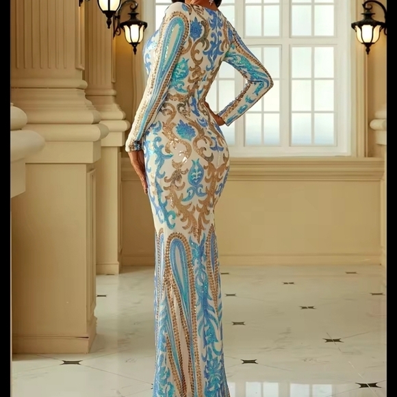 Blue, Baroque Print, Long Sleeved, Square Neck, Mermaid Gown for Specia… - Picture 5 of 10